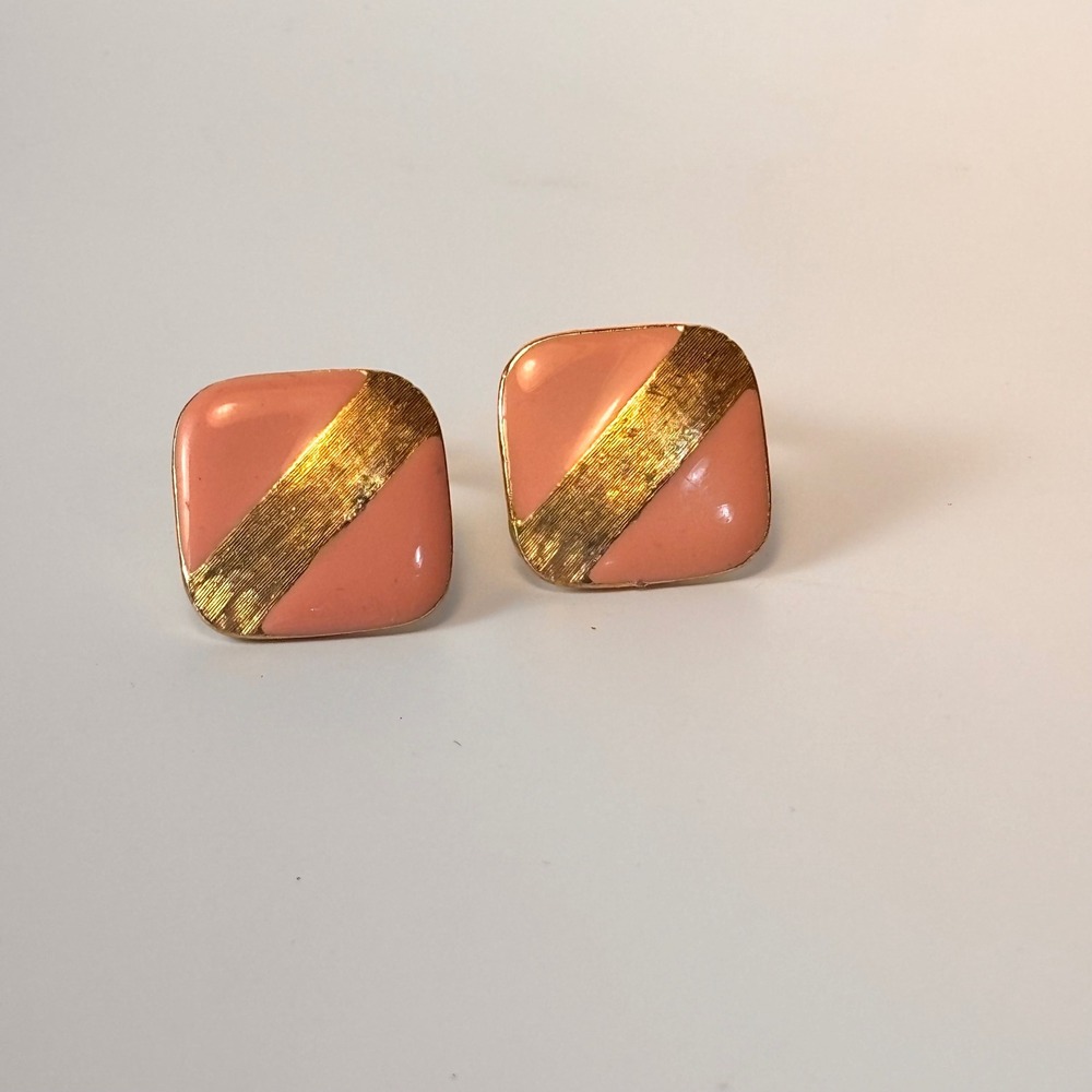 Vintage Clip On Earrings Pink Gold Tone 1980s Enamel Geometric Statement Retro